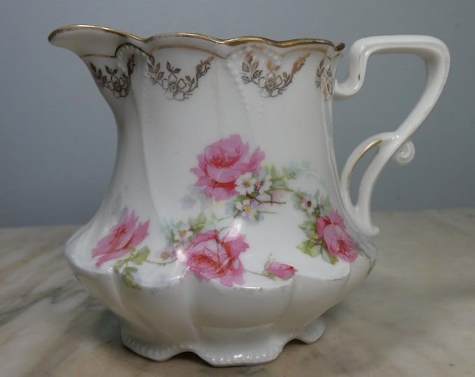 Large Creamer made in Germany - Cabbage Roses with Gold Ivy Trim - from a New England Estate