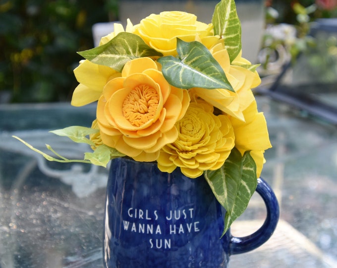 Great gift for that sun lover on your list! Sunny yellow cheerful Sola flowers in 16oz mug with the message "Girls Just Want to Have Sun"