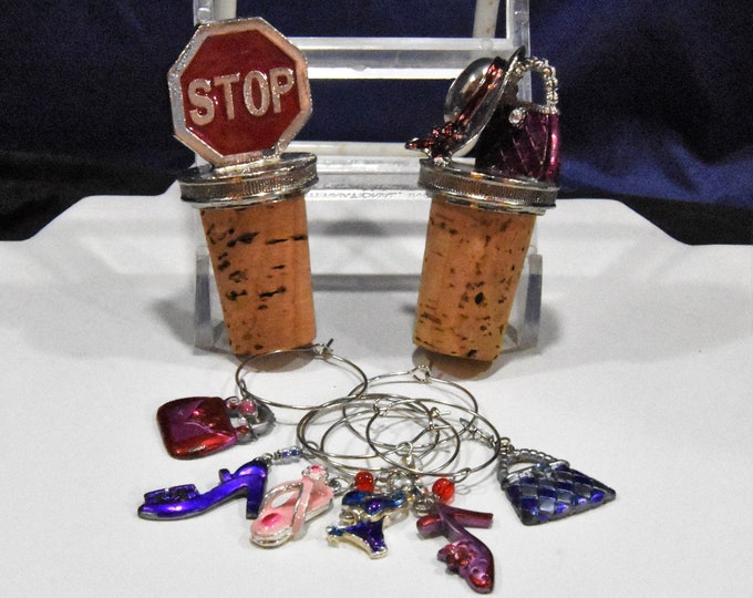 Two vintage cork bottle stoppers never used and six wine glass charms - cute themes - from a New England estate