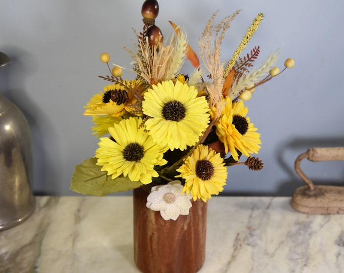 Sola wood sunflower arrangement in an upcycled texture painted Yankee Candle jar for fall, Thanksgiving or year round, country, farmhouse