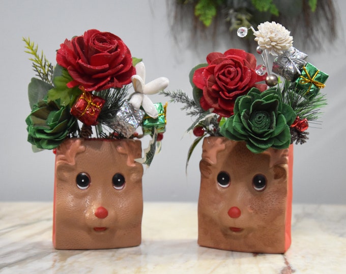 Vintage Rudolph shaped painted pottery with Sola Wood Flower Christmas Holiday arrangements-hanging ornament - tabletop
