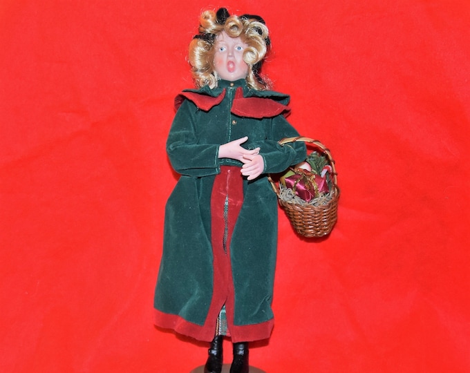 Beautiful vintage Christmas caroler statue, figurine, doll, woman carrying basket with velvet coat - from a New England estate
