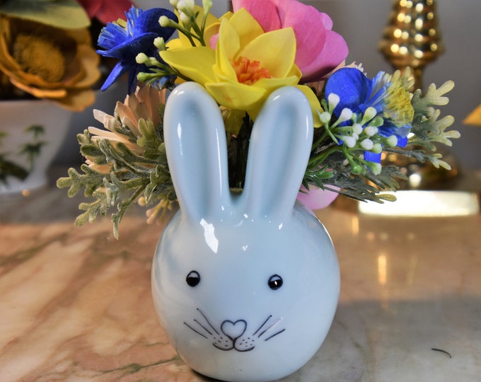 Cute light blue porcelain bunny planter filled with hand painted and airbrushed Sola wood flowers-never water!