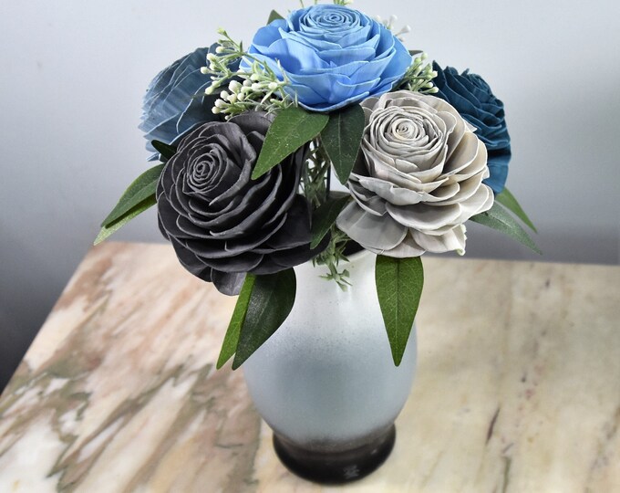 Soothing Summer Rain - Beautiful sustainable 4" Sola roses dyed in shades of blue and gray in a unique handpainted large vase