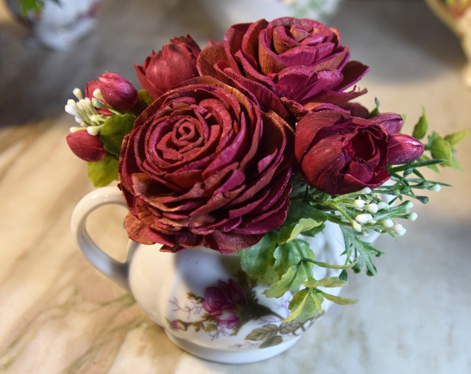Pretty little vintage porcelain mini "moss rose" sugar bowl with arrangement of airbrushed and hand-painted Sola wood roses and buds