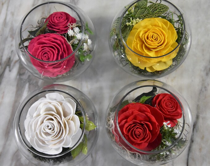 Pretty, unique, sustainable Sola wood roses in a glass bubble vase, many colors to choose from- perfect
