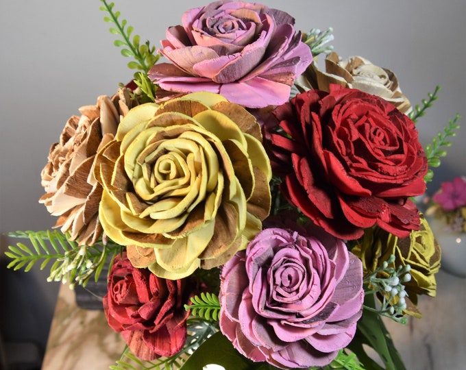 Country rustic romance! Farmhouse chic, a dozen Sola wood skin (bark) roses dyed & natural in white galvanized metal bucket
