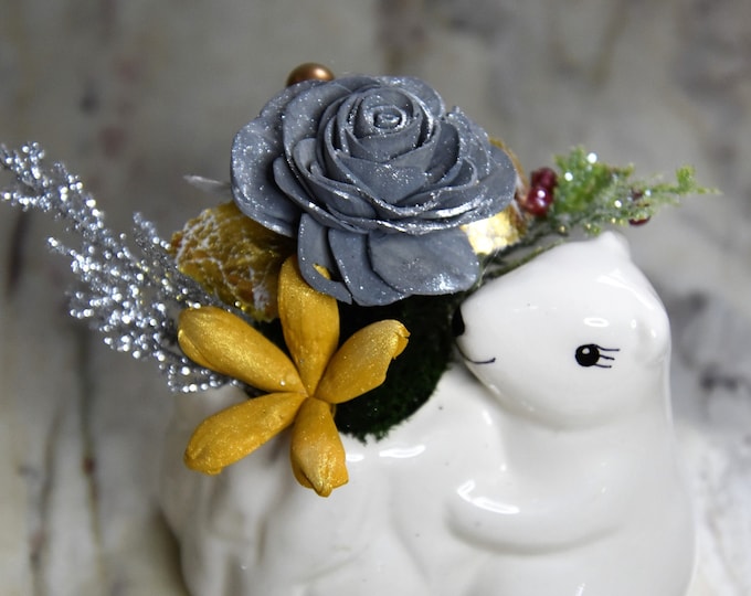 Sparkling silver and gold! Small ceramic polar bear planter filled Sola wood flowers and festive fillers, hostess, teacher gift