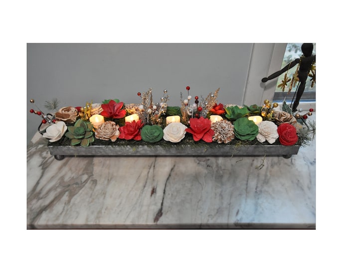 Festive Centerpiece! Unique 28" galvanized metal tray filled with sparkling Sola wood flowers surrounding flickering LED votive candles
