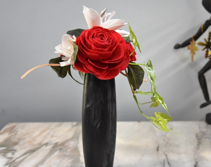 Red white and black Sola wood red roses contrasted with white lilies in a hand-painted black glass vase
