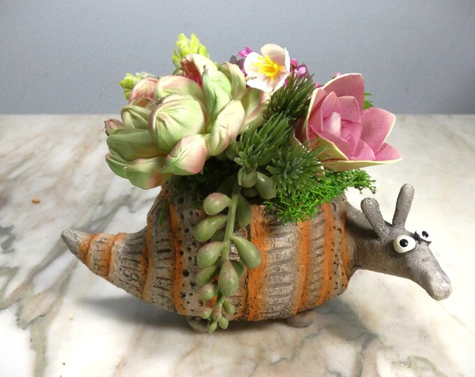 Adorable armadillo planter with hand-painted and airbrushed Sola wood realistic looking succulents and fillers