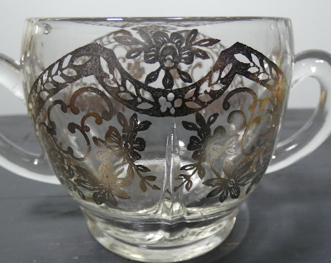 Vintage sterling silver over glass open sugar bowl with two handles from a England Estate