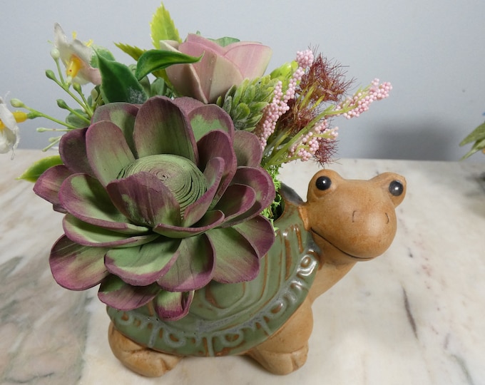 Cute ceramic turtle planter filled with hand painted Sola wood succulents-long lasting sustainable succulent arrangement