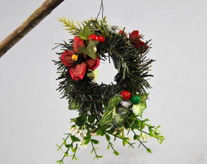 Jingle Bells for a Kiss! -UNIQUE - Hanging mistletoe mini wreath with jingle bells, Sola wood bark poinsettias and fabric bow