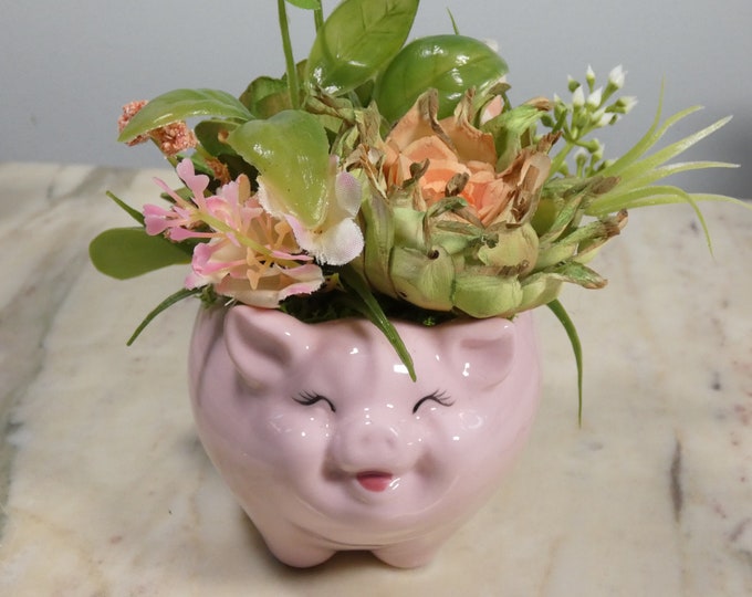 Adorable small ceramic smiling pink pig planter filled with hand painted Sola wood succulents-long lasting sustainable succulent arrangement