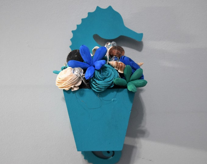 Ocean/Beach theme wall hanging  seahorse planter with Sola wood flowers in ocean colors, shells and "bubbles"