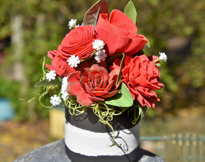 Black and White and Red All Over! Sustainable Sola wood flower arrangement in small upcycled hand-painted Yankee candle jar