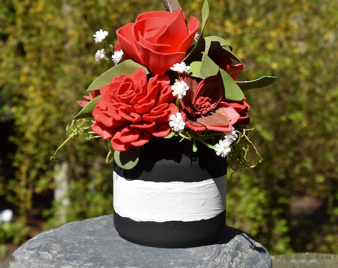Black and White and Red All Over! Sustainable Sola wood flower arrangement in small upcycled hand-painted Yankee candle jar
