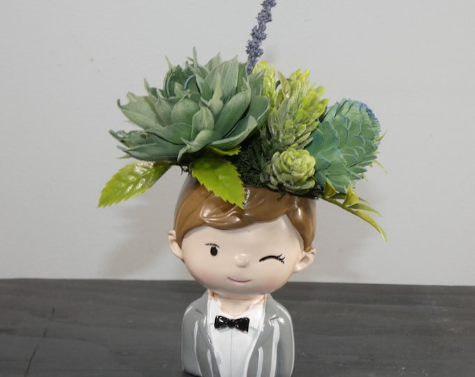 Small cute winking boy in a bow-tie planter filled with Sola wood airbrushed succulents & fillers, hostess, teacher gift or desktop ornament