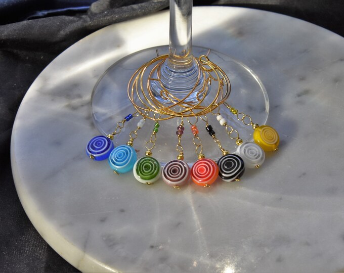Wine stem glass charms - price for 4 - colorful Millefiori Murano concentric circle round glass beads on glass charm loops