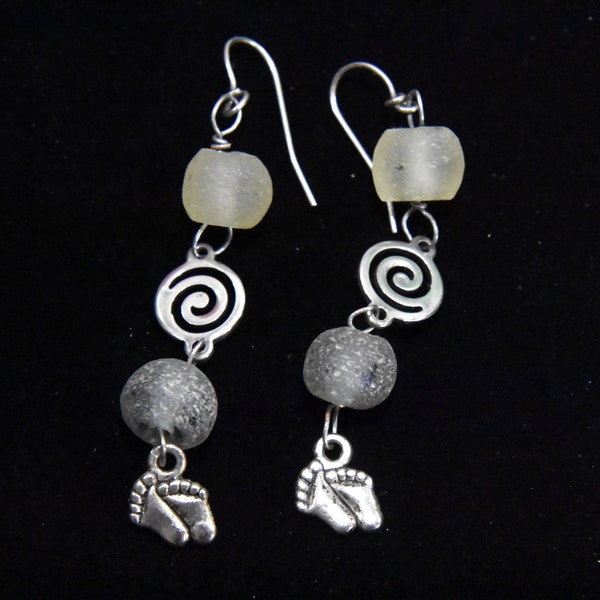 Barefoot on the beach! 2 inch long earrings made with recycled "beach glass" beads and silver charms and findings