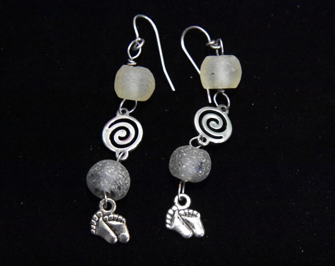 Barefoot on the beach! 2 inch long earrings made with recycled "beach glass" beads and silver charms and findings