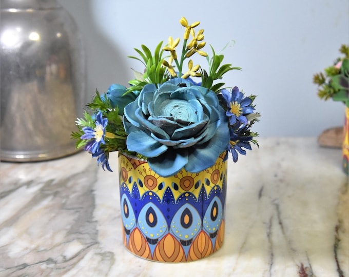 Colorful mosaic tile style planter filled with hand painted Sola wood succulents-long lasting sustainable succulent arrangement-blue tones