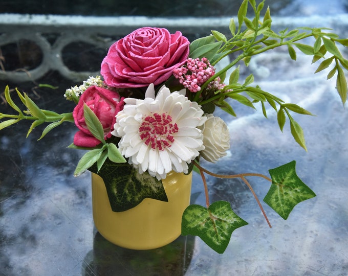 Pink and white Sola flowers in small yellow upcyled Yankee Candle jar - hand painted flowers and jar