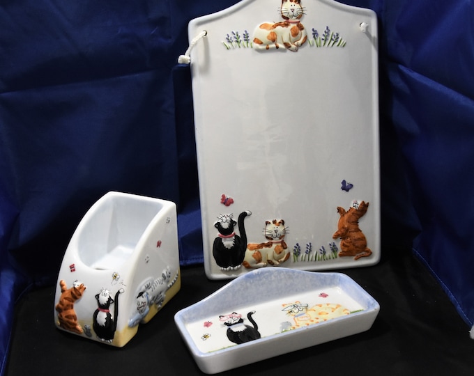 Vintage glazed porcelain cat lovers, cute kitties kitten- dresser - desk - vanity set - from a New England estate