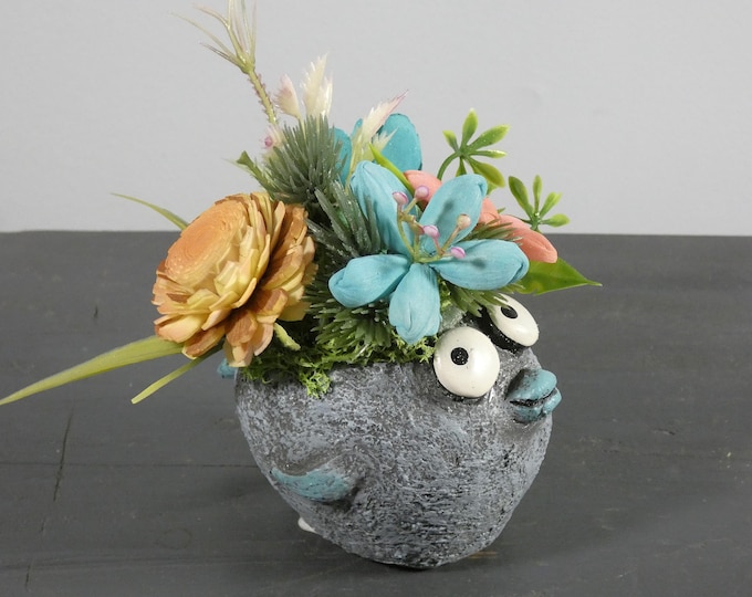 Adorable Little Bubble Fish Planter with Big Eyes with Hand-painted Airbrushed Wood Flowers - Planter Character Name is "Cohasset."
