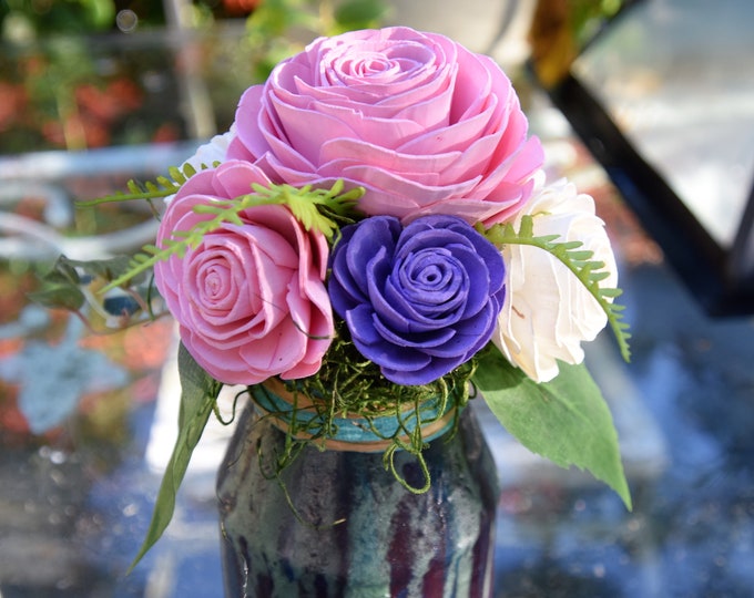 Romantic Roses! Sustainable long lasting Sola Wood roses in an upcycled, hand painted textured jar - shabby chic with elegance!