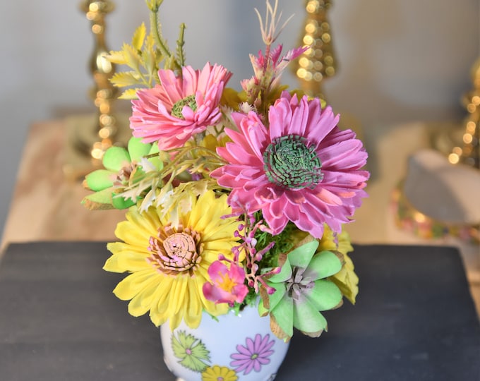 Beautiful hand-painted, footed, vintage, egg shaped vase filled with cheerful brightly colored airbrushed Sola wood flowers