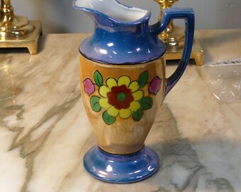 Stunning hand painted lusterware small creamer/pitcher, Japan 1940s-1950s sunflowers and tulips - McM