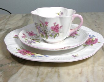 Vintage 1940s -Hard to Find- Shelley "Stocks Dainty Shape" Fine Bone China England Teacup, Saucer and Salad Plate -From a New England Estate
