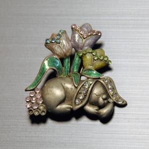 Vintage Alfred Sung signed sleeping Easter Bunny and tulips pin with sparkling faceted crystal details - from a New England estate