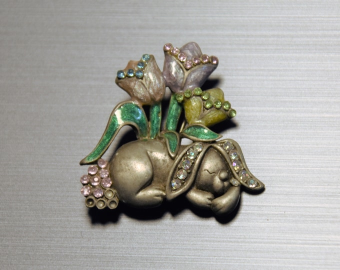 Vintage Alfred Sung signed sleeping Easter Bunny and tulips pin with sparkling faceted crystal details - from a New England estate