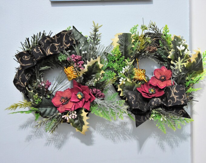 Unique Christmas/holiday 6 inch wreathes, Sola wood burgundy poinsettias and black and gold fabric bows, price per wreath