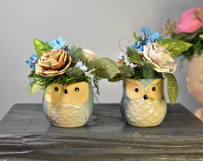 Pair of small 2 1/2" coordinating little owl planters filled with Sola wood bark flowers and fillers-great gift or brightien any small space