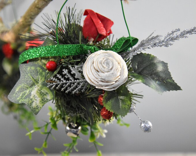 Jingle Bells for a Kiss! Hanging mistletoe arrangement with jingle bells and Sola wood flowers