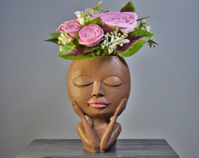 Pretty peaceful elegant pink airbrushed Sola wood roses in fun fabulous face planter-distintive decor, unique gift-see similar in our store