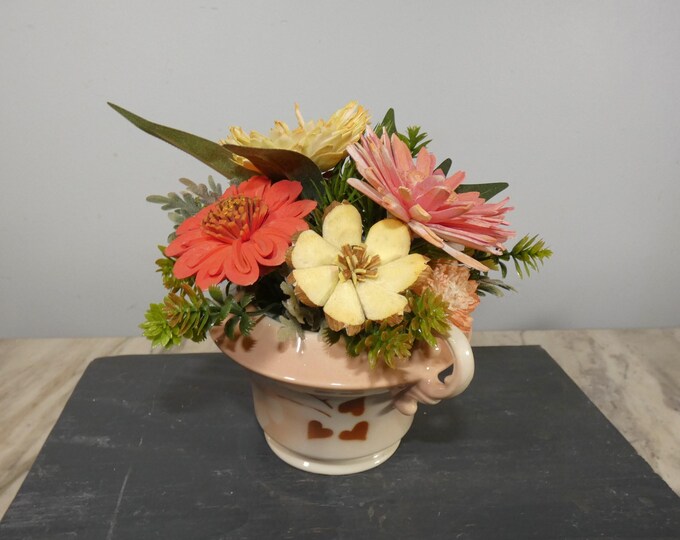 Vintage MCM orphaned sugar bowl(no lid) Madam Butterfly by Syracuse-painted hearts-filled with an arrangemnt of airbrushed Sola wood flowers