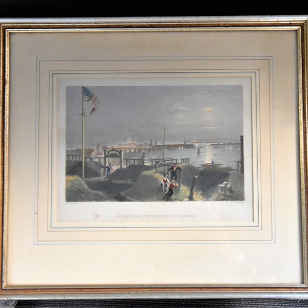 Framed original 1989 W.H. Bartlett engraving "Boston From The Dorchester Heights" watercolor by J.T. Willmore from a New England Estate