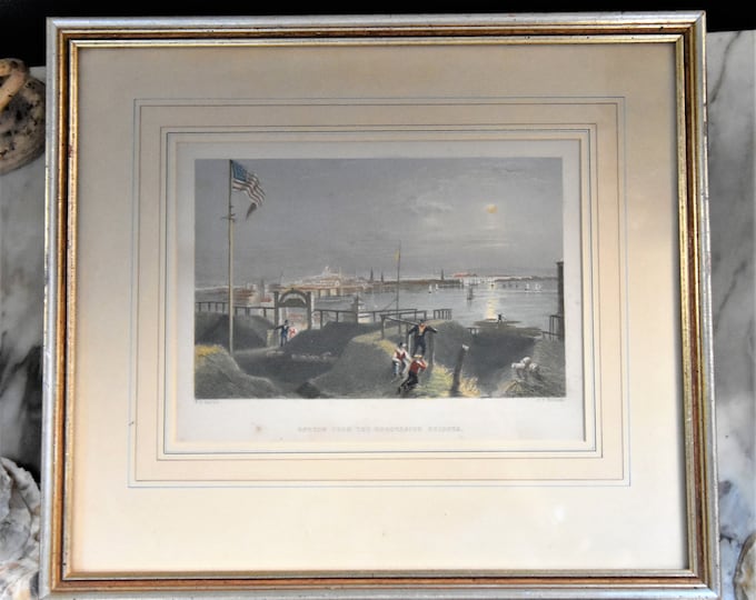 Framed original 1989 W.H. Bartlett engraving "Boston From The Dorchester Heights" watercolor by J.T. Willmore from a New England Estate