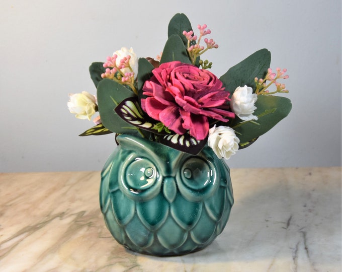 Aqua Owl Planter with Pink Sola Wood Rose Arrangement