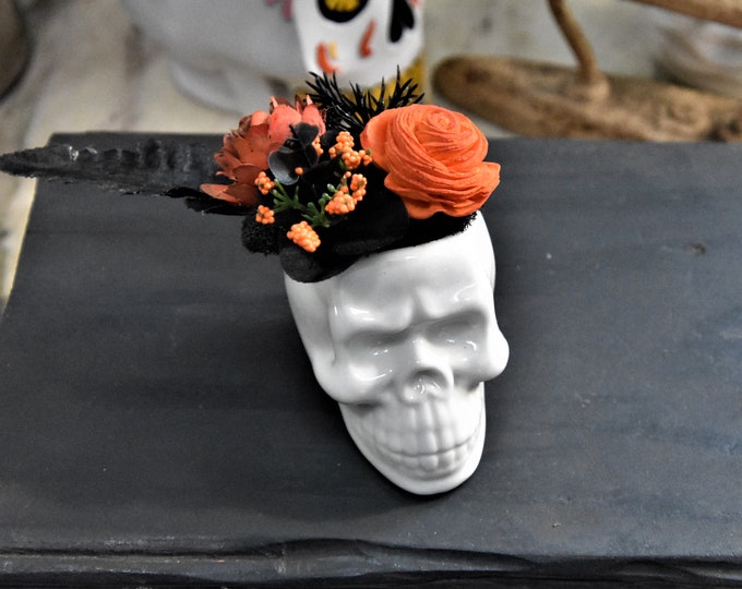 Small Skull, Halloween or year round planter with hand painted orange Sola wood succulents with black and orange fillers