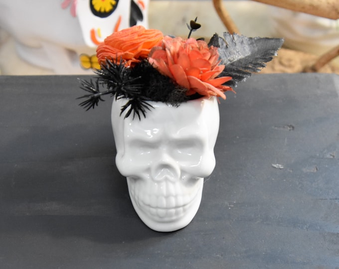 Small Skull, Halloween or year round planter with hand painted orange Sola wood succulents with black and orange fillers