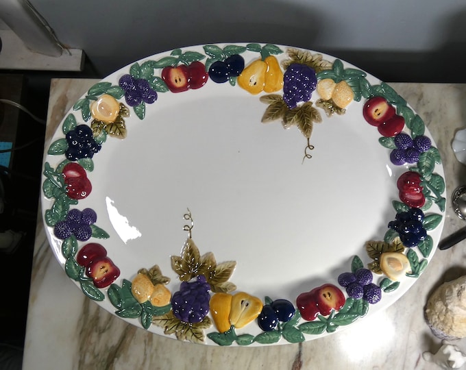 Nice! Vintage 19" Oval Serving Platter Embossed Fruit by Linens N Things with Original Box  - from a New England Estate