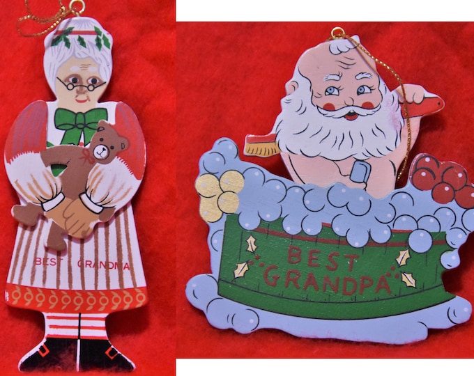 Christmas ornaments Best Grandma and Best Grandpa, painted wood, from a New England estate