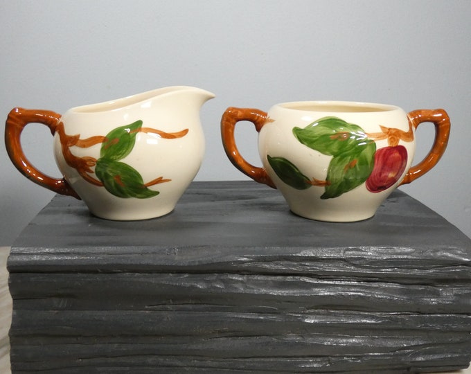 Excellent Condition Franciscan Apple Pattern Open Sugar Bowl and Creamer Handpainted with Branch Handles from a New England Estate
