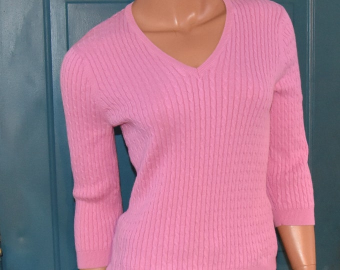 Vintage 1990's Wainscott 3/4 sleeve cotton v-neck sweater - size fitted Medium or Small- from a New England Estate